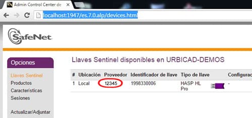 LLave/licencia físicas de UrbiCAD número de proveedor