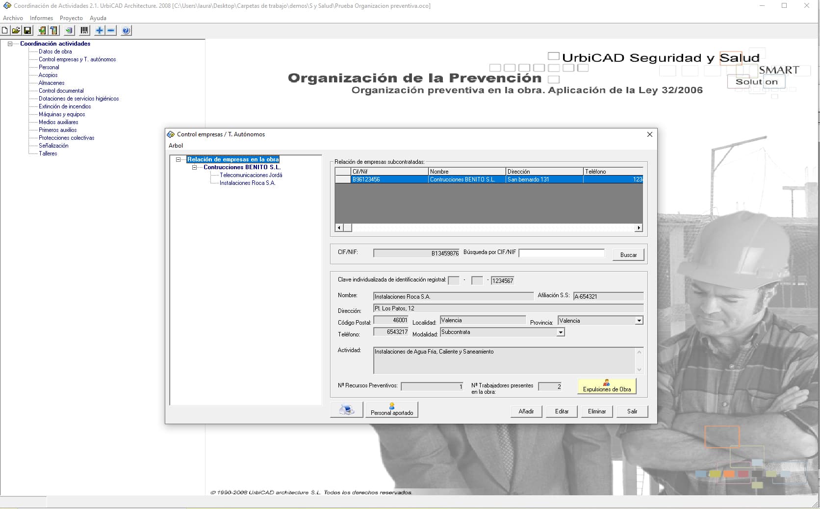 Captura del programa para Jefes de Obra: Árbol de contenidos y ventana del Control de Empresas y Autónomos