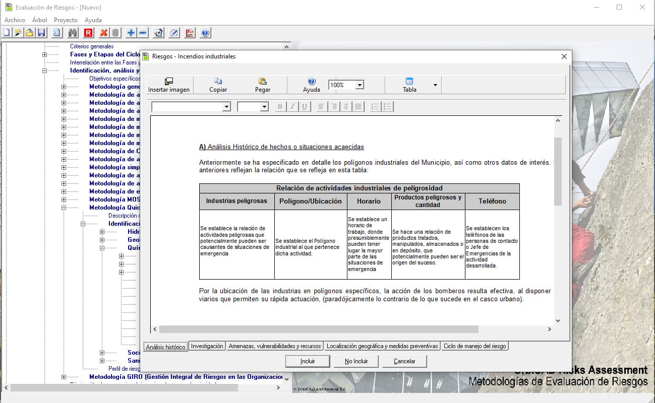 como hacer la evaluación de riesgos según diferentes metodologías: Meseri, general, análisis preliminar, DAFO, Matrices, INSST, Mosler, ONU, GIRO, Leopold, Simplificada, etc. con UrbiCAD