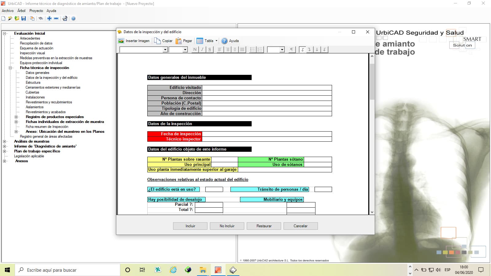 Programa para realizar el informe técnico de diagnóstico de amianto y su plan de trabajo aportando datos de inspeeción y del edificio con UrbiCAD