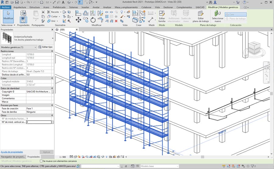 La barra de UrbiCAD Revit para SyS incluye familias de andamios adaptativos en dimiensiones