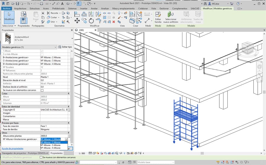La barra de UrbiCAD Revit para SyS incluye familias de andamios moviles en diferentes dimiensiones