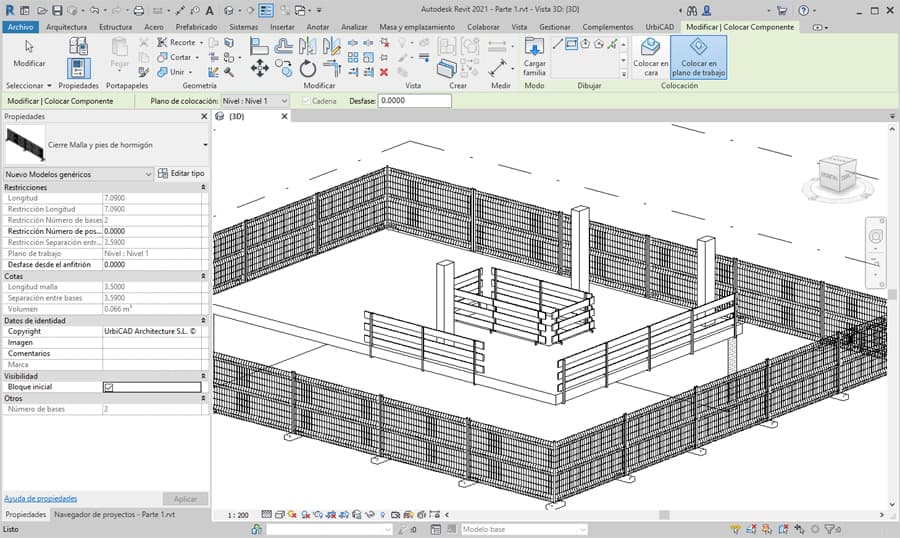 La barra de UrbiCAD Revit para Seguridad y Salud incluye familias de cierres para obra, como este cierre de mallazo metálico y pies de hormigón