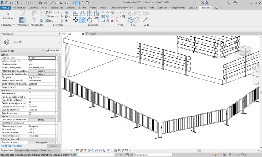 La barra de UrbiCAD Revit para Seguridad y Salud incluye familias de cierres para obra, como esta valla de tipo ayuntamiento