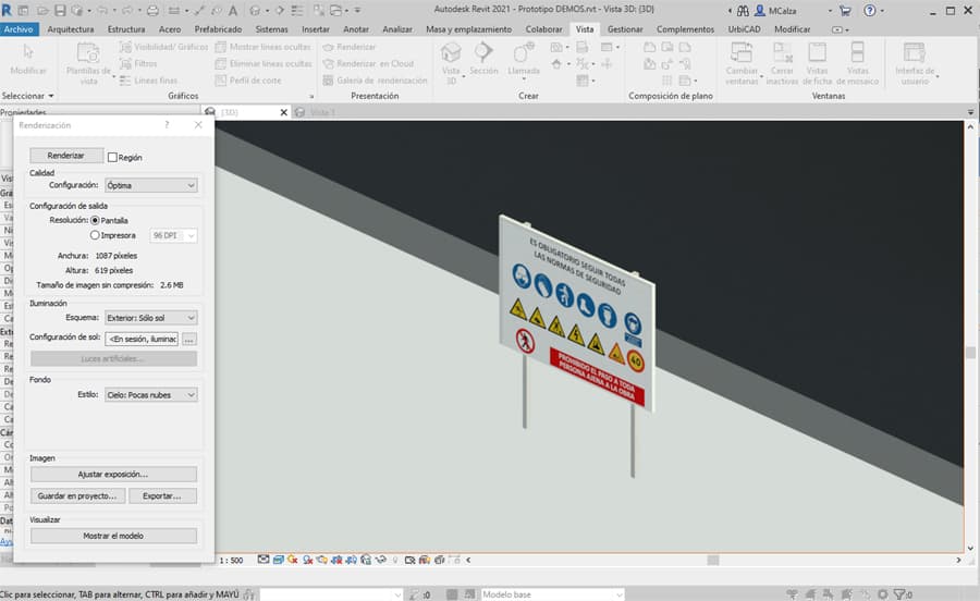La barra de UrbiCAD Revit para SyS incluye familias de señalización, como esta señal de obra