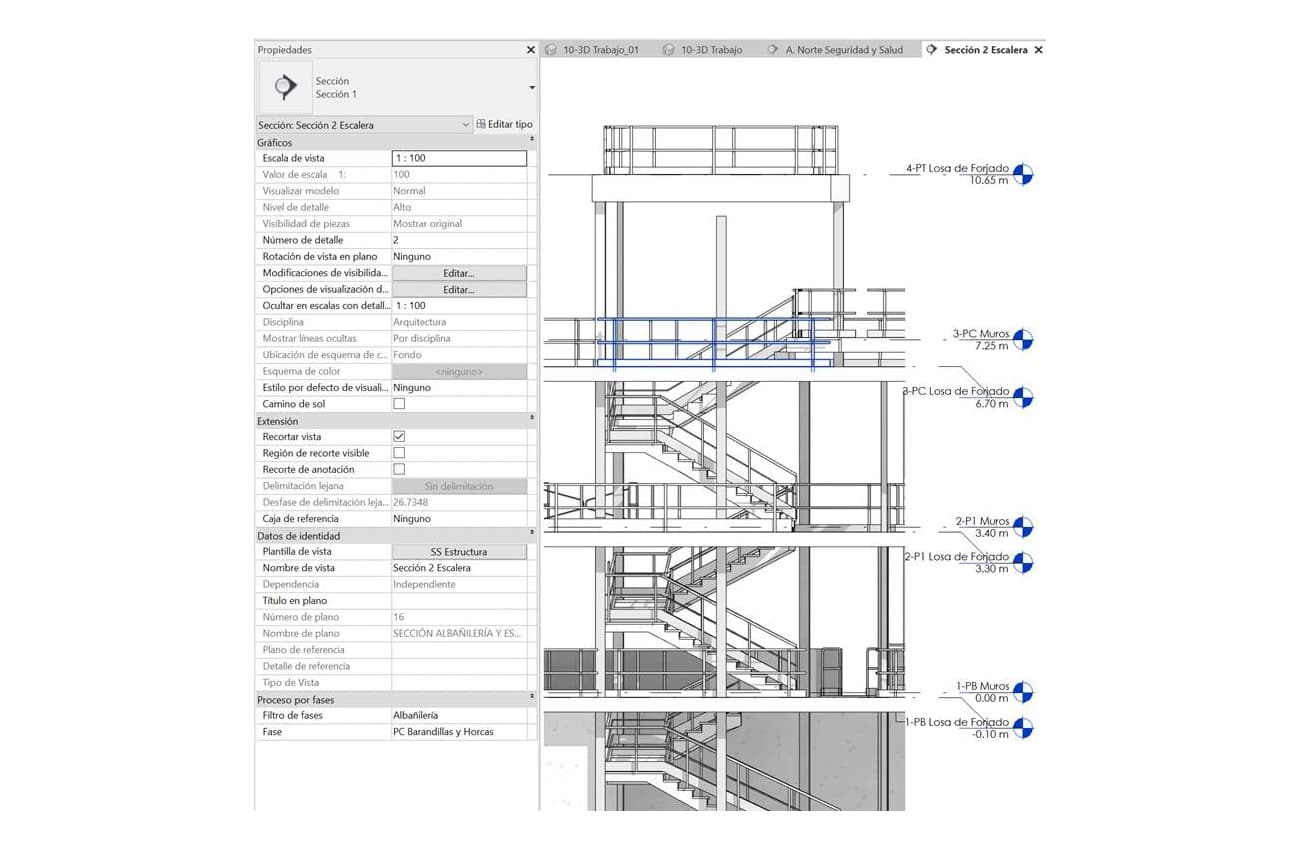 Complemento para Revit BIM que cuenta con familias de seguridad y salud como protecciones colectivas, medios auxiliares, señalización, máquinas y equipos, servicios de higiene y bienestar; Fases; Evaluación de riesgos; Tablas de planificación y cantidades; y una herramienta para exportar e importar tablas a Excel y Revit