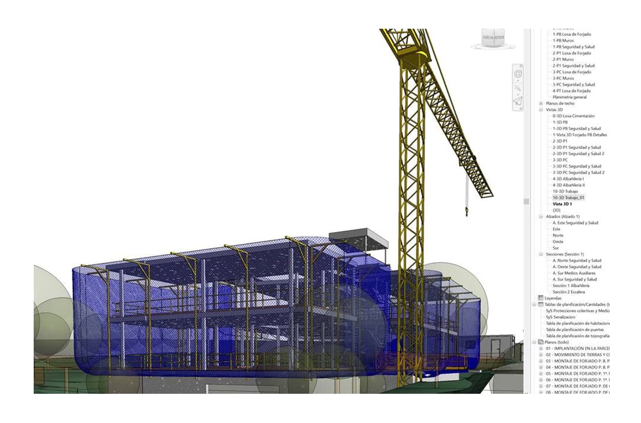 Programa para Revit BIM que cuenta con familias de seguridad y salud como protecciones colectivas, medios auxiliares, señalización, máquinas y equipos, servicios de higiene y bienestar; Fases; Evaluación de riesgos; Tablas de planificación y cantidades; y una herramienta para exportar e importar tablas a Excel y Revit