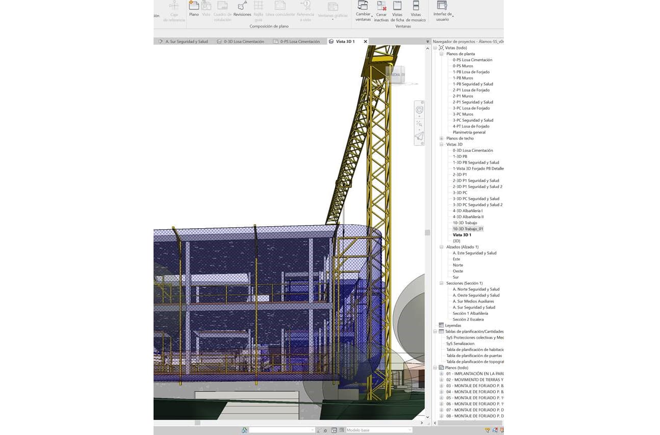 Programa para Revit BIM que cuenta con familias de seguridad y salud como: Grua torre, Andamio, sanitarios químicos, maquinas y equipos, bulldozer, barandillas, red de horca, señales,etc