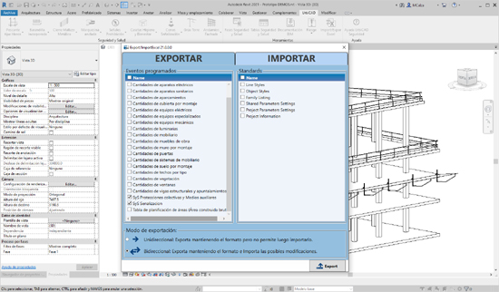Complemento de nuestra barra para Revit BIM que permite exportar e importar cualquier tabla de Revit e incluso configuraciones a excel y de excel a revit: modos unidireccional y bidireccional.