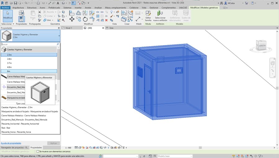 La barra de UrbiCAD Revit para Seguridad y Salud incluye familias de casetas de varias medidas estandarizadas