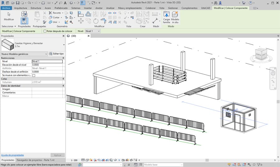 La barra de UrbiCAD Revit para Seguridad y Salud incluye familias de casetas de higiene y bienestar, sanitarios químicos, valla ayuntamiento, protecciones colectivas, etc
